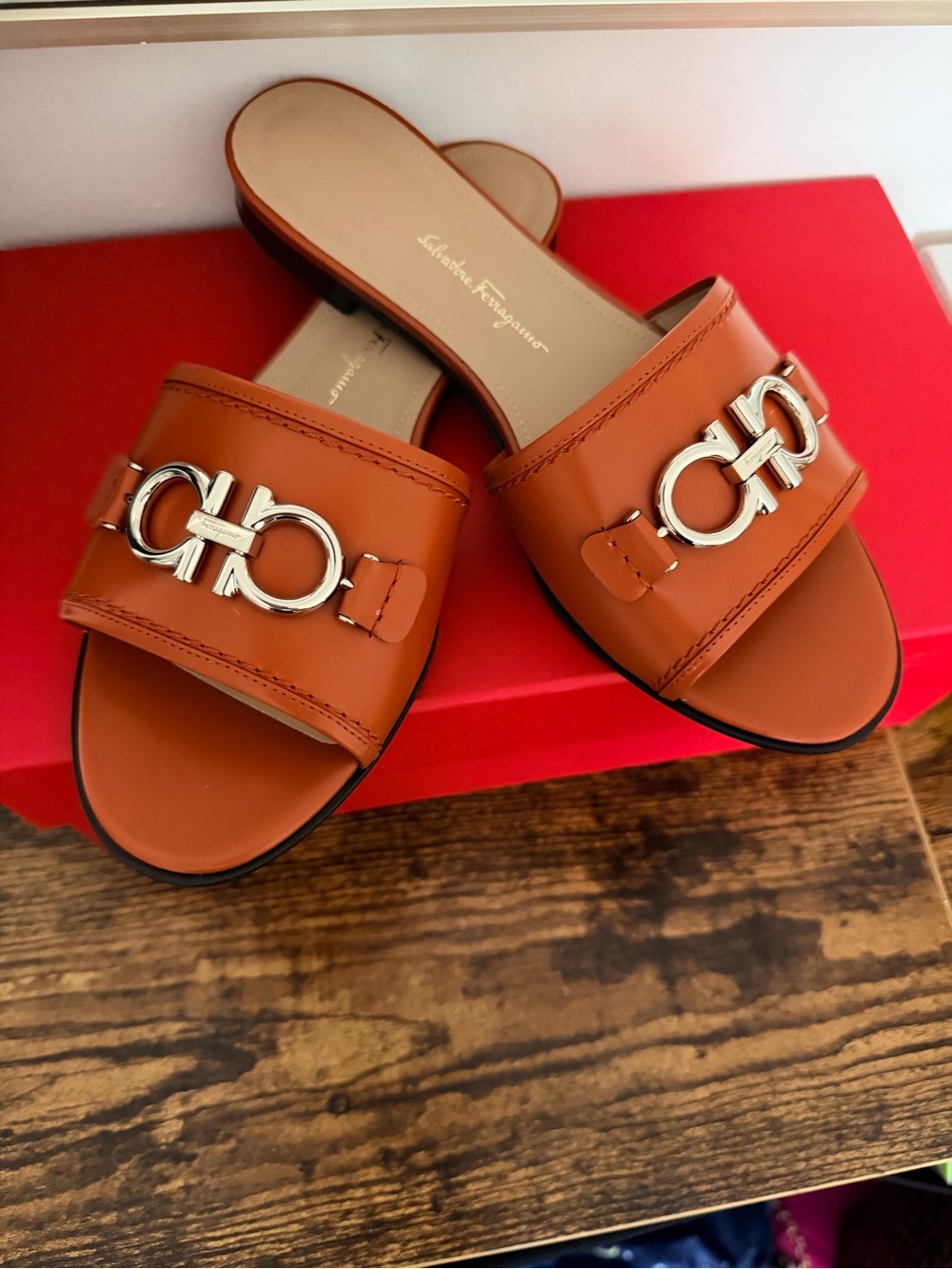 Salvatore Ferragamo Tan Leather Gancini Slide Sandals